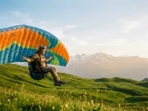 Beginner paraglider zweeft laag boven groene alpenweide met kleurrijke vleugel, besneeuwde bergtoppen op de achtergrond.