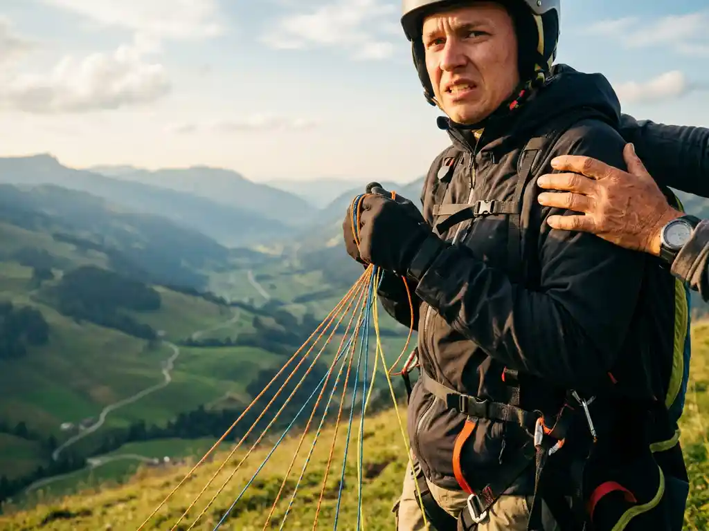 Beginnende paraglider houdt kleurrijke vleugellijnen vast op zonnige Alpiene startplaats, instructeur legt bemoedigend hand op schouder, dal op de achtergrond.