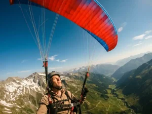 Gecertificeerde paraglider zweeft boven een Alpendal met besneeuwde bergtoppen, rode vleugel volledig opgeblazen tegen een heldere blauwe lucht.