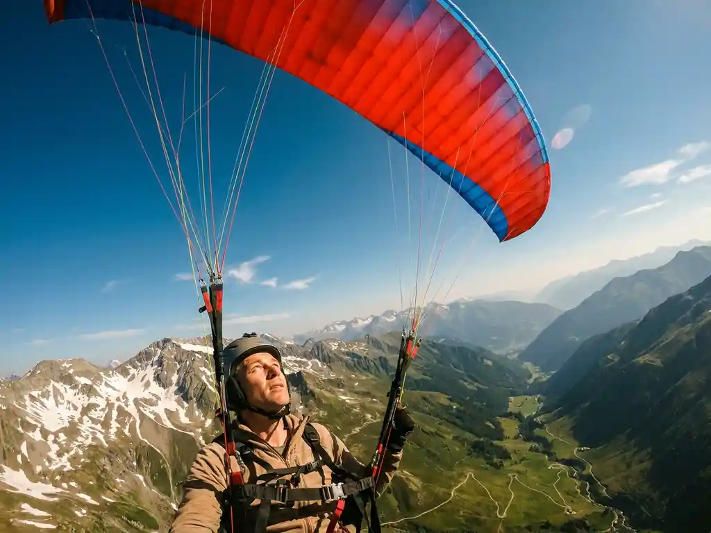 Gecertificeerde paraglider zweeft boven een Alpendal met besneeuwde bergtoppen, rode vleugel volledig opgeblazen tegen een heldere blauwe lucht.