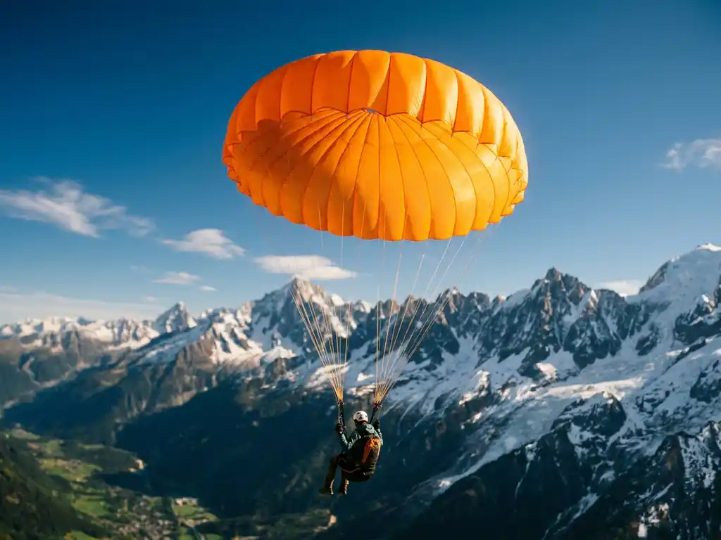 Oranje reddingsparachute volledig ontplooid boven besneeuwde bergtoppen, met paraglider-piloot rustig dalend in helder alpien licht.