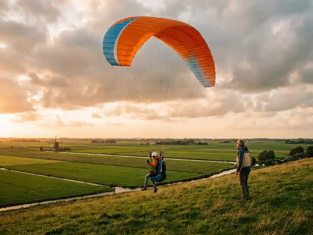 Student paraglider lanceert vanaf een zachte heuvel in Nederland, kleurrijke oranje vleugel boven groene poldervlakte, instructeur nabij.