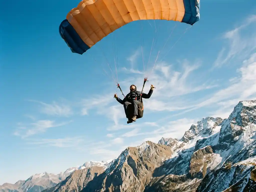 Paraglider met oranje scherm zweeft boven besneeuwde Alpentoppen onder een strakblauwe hemel.