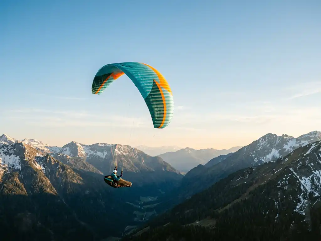 Paraglider zweeft boven Alpiene valleien met een turkooizen vleugel, besneeuwde bergtoppen en gouden zonlicht op de achtergrond.