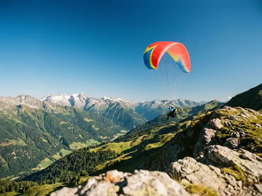 Paraglider met rood-gele vleugel zweeft boven een Alpiene vallei met besneeuwde bergtoppen en groene hellingen.