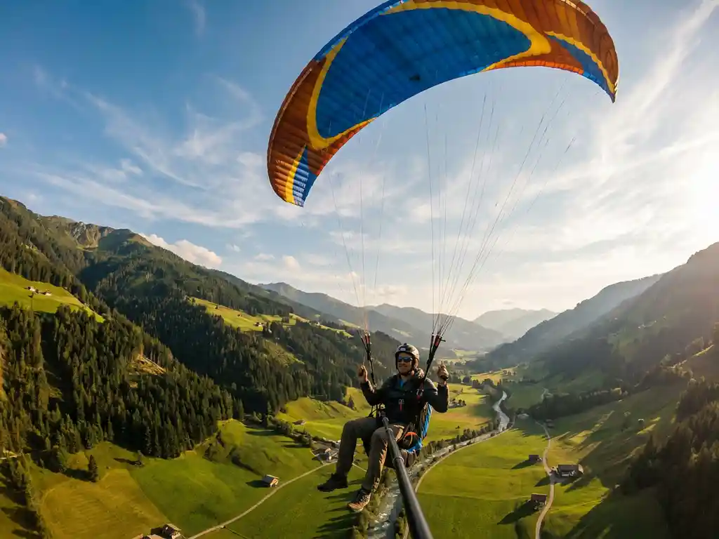 Paraglider zweeft boven een zonnig Alpendal met groene hellingen, kleurrijke parachute tegen een kobaltblauwe lucht.