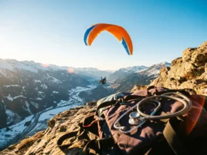 Paraglider zweeft boven Alpijnse vallei met besneeuwde bergtoppen, oranje vleugel tegen blauwe lucht, stethoscoop op vliegtuigharnas op rotsrichel.