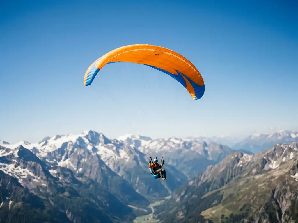 Paraglider met oranje vleugel zweeft boven een Alpendal met besneeuwde bergtoppen en strakblauwe lucht.