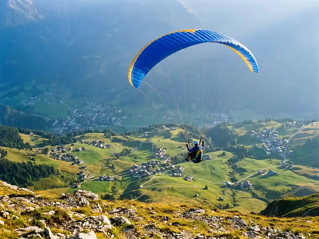 Paraglider zweeft boven een Alpendal met kleurrijke vleugel tegen kobaltblauwe lucht, groene weiden en dorpjes diep beneden.
