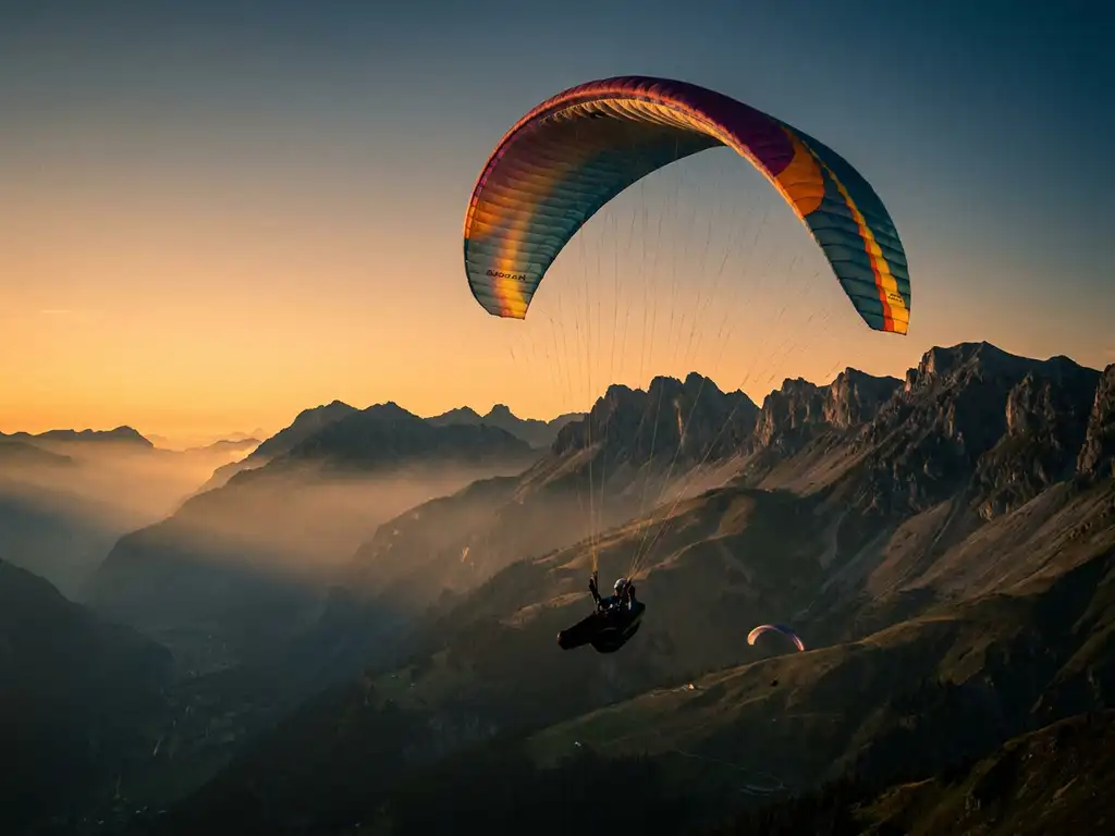 Paraglider zweeft hoog boven alpiene dalen tijdens gouden uur, tweede glider zichtbaar lager op de helling, dramatische bergkam op de achtergrond.