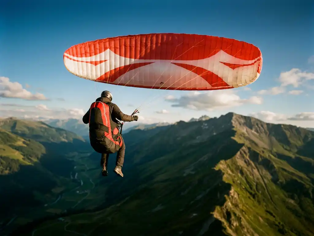 Grotere paragliderpiloot zweeft boven Alpiene valleien met rood-wit zeil in middagzon, bergkam zichtbaar op de achtergrond.