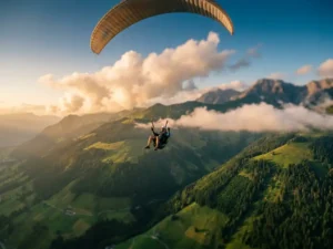 Paraglider zweeft rustig boven een breed Alpendal tijdens gouden uur, piloot ontspannen in harnas met weelderige groene hellingen beneden.