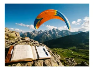 Paraglider met kleurrijke vleugel zweeft boven Alpendal, besneeuwde bergtoppen op de achtergrond, logboek en checklist op rotsachtig startpunt.