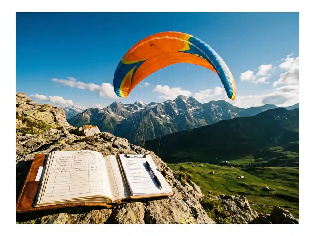 Paraglider met kleurrijke vleugel zweeft boven Alpendal, besneeuwde bergtoppen op de achtergrond, logboek en checklist op rotsachtig startpunt.