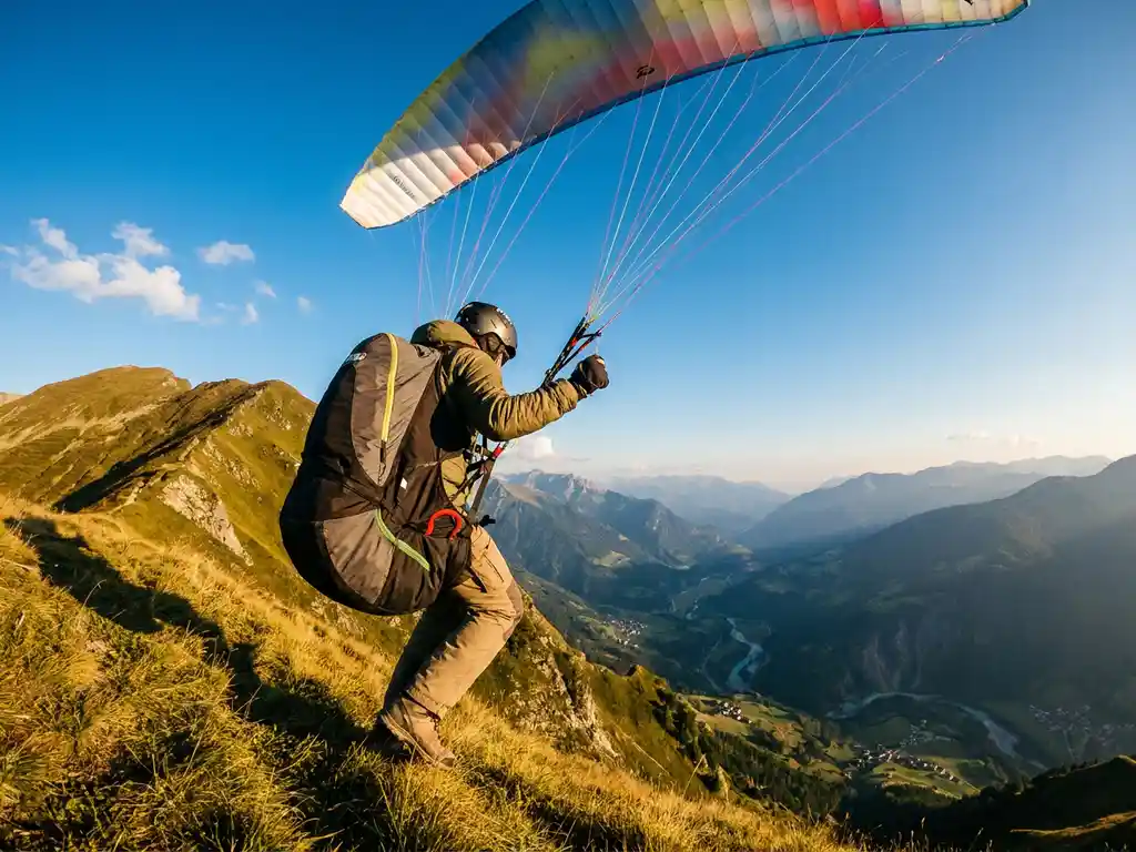 Paraglider die opstijgt vanaf een steile Alpenkam, met een wijd uitgespreid zeil tegen een strakblauwe lucht en gouden zonsondergangsverlichting.