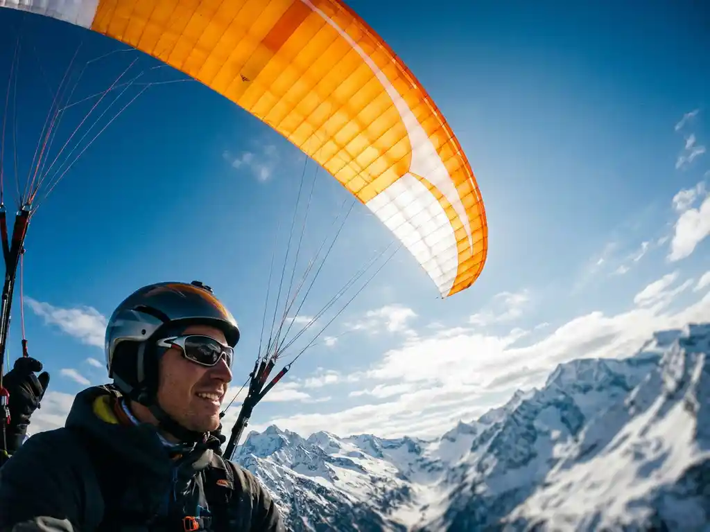 Paraglider boven besneeuwde Alpentoppen met oranje vleugel tegen strakblauwe lucht, gezien vanuit lage hoek in gouden middagzon.