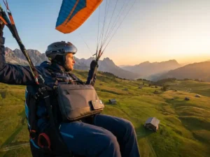 Paraglider boven een alpiene vallei tijdens het gouden uur, met laptop en smartphone aan het harnas bevestigd.