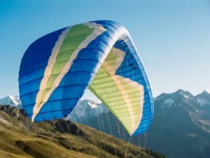 EN-A gecertificeerde paraglider vleugel in kobaltblauw en groen, volledig opgeblazen boven een alpine helling in helder zonlicht.