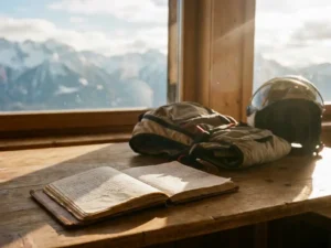 Verouderd pilootenlogboek opengeslagen op houten tafel, paraglider-harnas en helm ernaast, Alpiene bergtoppen zichtbaar door raam op de achtergrond.