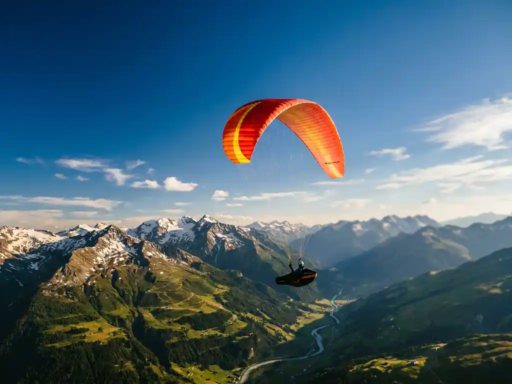 Paraglider zweeft boven een Alpien dal met groene weiden en ruige bergtoppen in warm middagzonlicht.