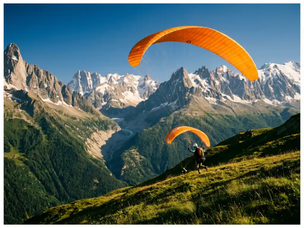 Paraglidervlieger met oranje vleugel boven alpiene vallei, tweede glider start vanaf steile grashelling met Franse Alptoppen op achtergrond.