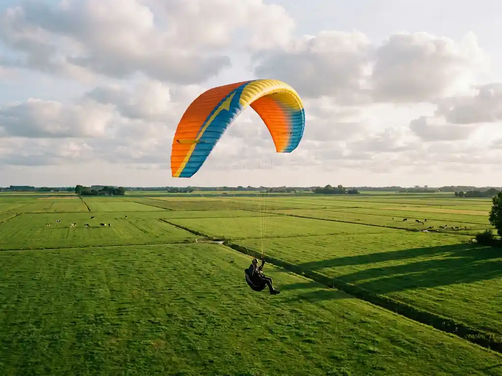Paraglider met oranje vleugel zweeft laag boven groen Hollands polderlandschap onder een blauwe lucht met stapelwolken.