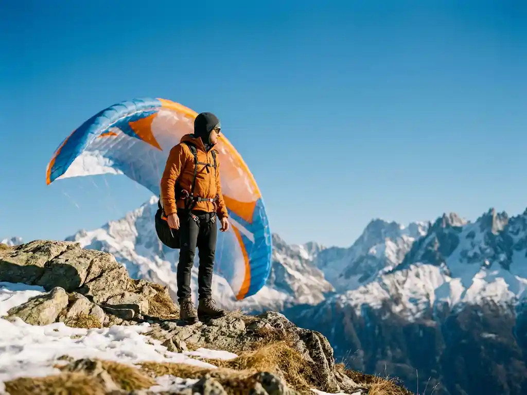 Paraglider in oranje winddichte jas op alpine bergkam, klaar voor lancering met bolle vleugel en panorama van de Franse Alpen.