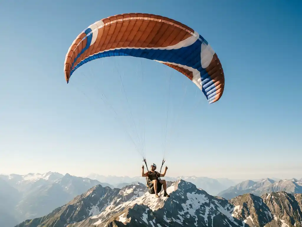 Paraglider zweeft boven besneeuwde Alpentoppen met een terracotta-witte vleugel tegen een kobaltblauwe lucht in gouden middagzon.