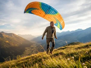 Paraglider die bij gouden zonsondergang opstijgt vanaf een Alpine bergkam, met kleurrijke vleugel boven een weids bergdal.