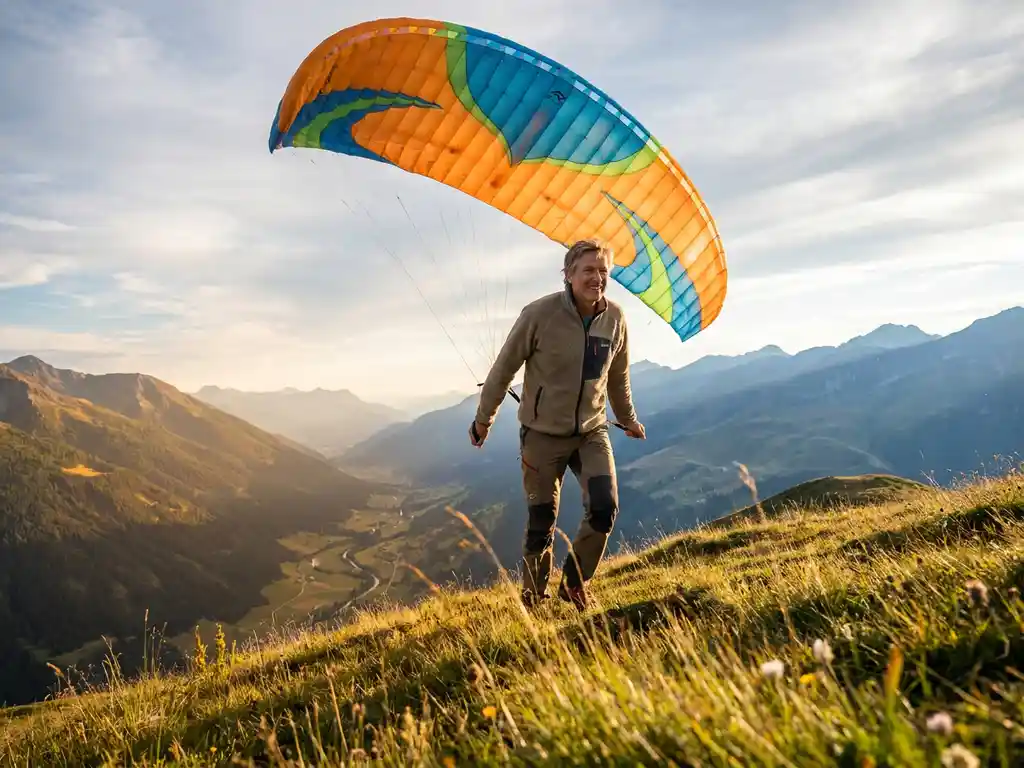 Paraglider die bij gouden zonsondergang opstijgt vanaf een Alpine bergkam, met kleurrijke vleugel boven een weids bergdal.