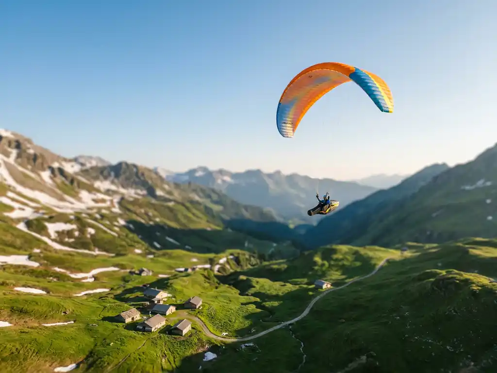 Paraglider met kleurrijke vleugel zweeft boven een Alpijnse vallei met besneeuwde toppen, groene weiden en een bergdorp.