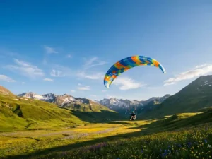 Paraglider zweeft boven een alpiene vallei met wildbloemenweiden, besneeuwde toppen en een strakblauwe zomerlucht.