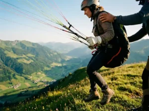 Beginnende paraglider grijpt vleugellijnen vast bij take-off op Alpiene bergkam, met groen dal diep beneden en instructeur op de achtergrond.