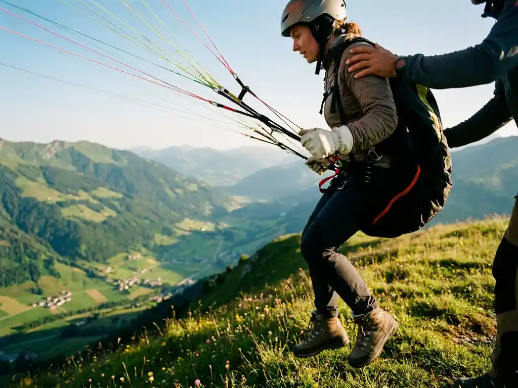 Beginnende paraglider grijpt vleugellijnen vast bij take-off op Alpiene bergkam, met groen dal diep beneden en instructeur op de achtergrond.