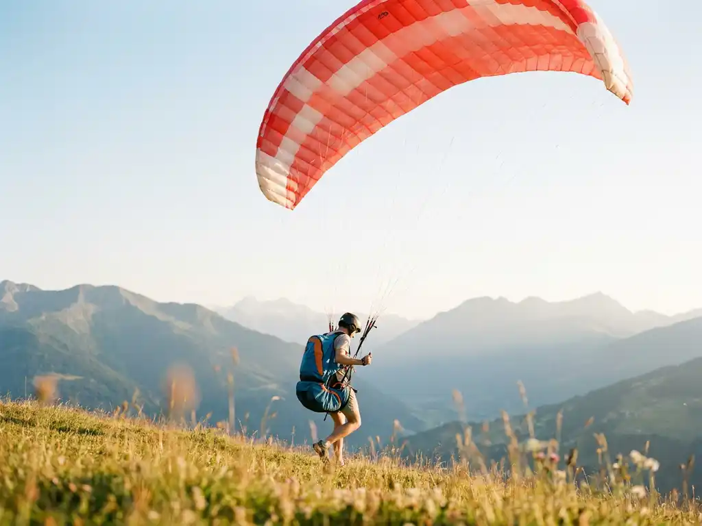 Beginnende paraglider lanceert vanaf een groene Alpenhelling, met een felrood-wit zeil dat opbolt in de middagzon.