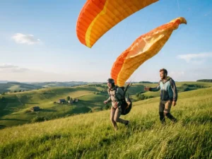 Beginnende paraglider zweeft op van een groene heuvel onder begeleiding, oranje-gele vleugel tegen blauwe lucht, glooiend landschap op de achtergrond.