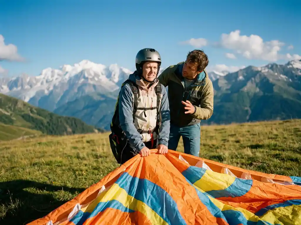Beginner in helm en harnas grijpt oranje paraglider op Alpiene helling, instructeur biedt begeleiding, besneeuwde bergtoppen op achtergrond.