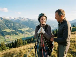 Beginner paraglider grijpt kleurrijke lijnen op zonnige Alpenhelling terwijl instructeur het harnas aanpast, groene vallei op de achtergrond.