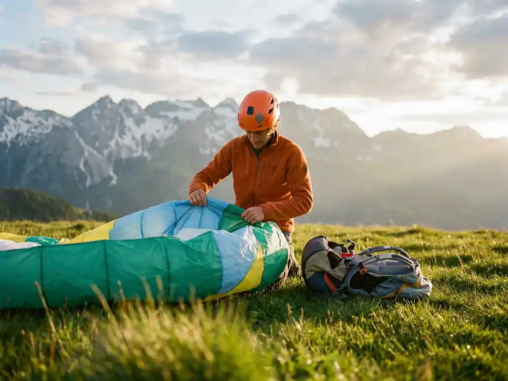 Beginner paraglider spreidt kleurrijke vleugel op alpiene weide, helm en harnas nabij, besneeuwde bergtoppen op achtergrond.
