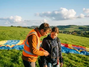 Gecertificeerde vliegleraar in oranje vest controleert paragliding-harnas van student op groene Nederlandse heuvel, kleurrijke vleugel op achtergrond.