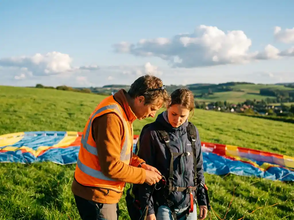 Gecertificeerde vliegleraar in oranje vest controleert paragliding-harnas van student op groene Nederlandse heuvel, kleurrijke vleugel op achtergrond.