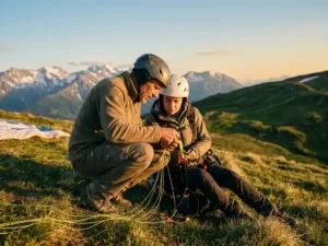 Paragliding-instructeur controleert uitrusting en harnasgespjes van student op alpine startplaats met besneeuwde bergtoppen op de achtergrond.