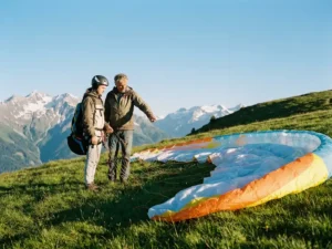 Student en instructeur paragliding inspecteren kleurrijke vleugel op zonnig Alpien startplatform met besneeuwde bergtoppen op achtergrond.