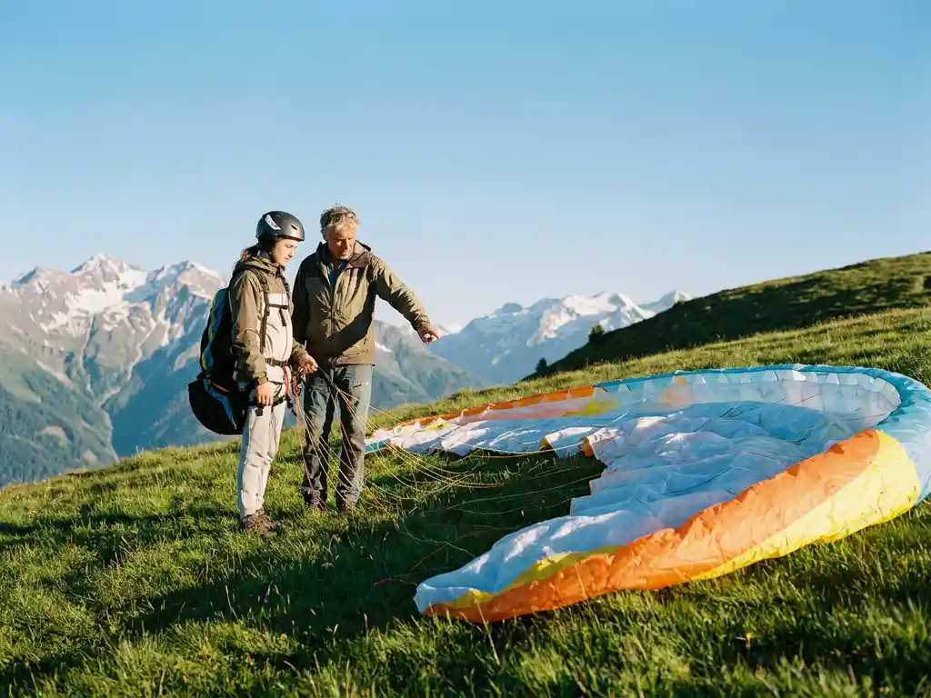 Student en instructeur paragliding inspecteren kleurrijke vleugel op zonnig Alpien startplatform met besneeuwde bergtoppen op achtergrond.