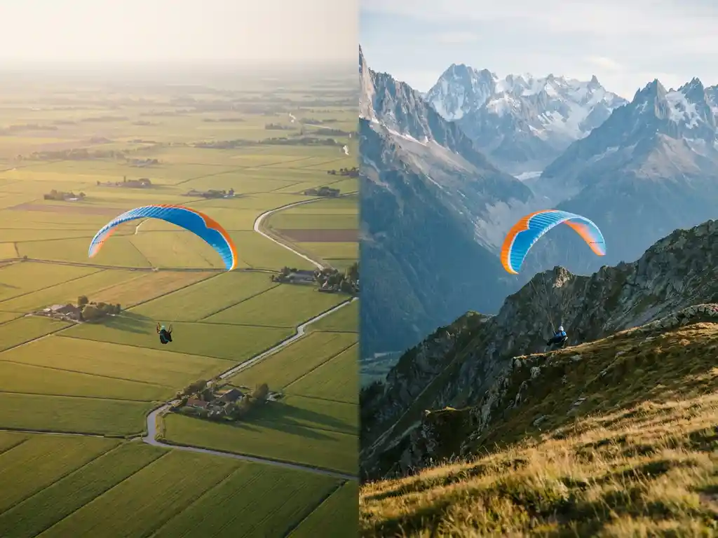 Twee paragliders boven Nederlands polderlandschap en besneeuwde Alpentoppen, felblauwe en oranje vleugels in middagzon.