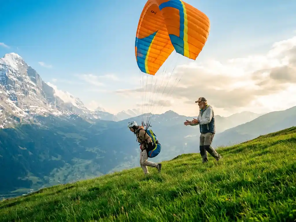 Paraglideerstudent lanceert vanaf een Alpiene helling, instructeur begeleidt van achter, kleurrijke vleugel in blauwe lucht boven besneeuwde bergtoppen.