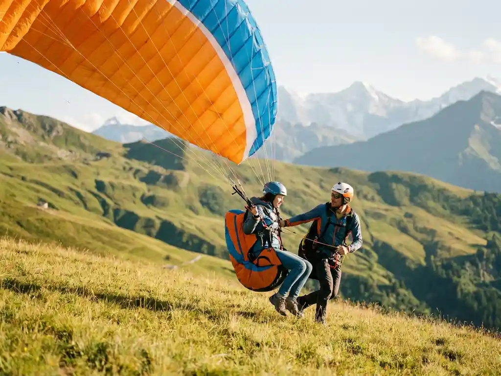 Student paraglider stijgt op van groen Alpien heuvellandschap, oranje-blauwe vleugel opengevouwen, instructeur begeleidt de eerste vlucht.
