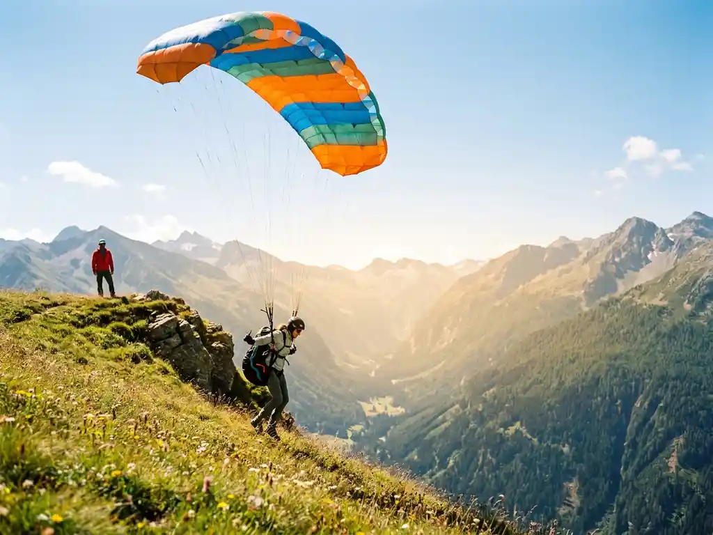 Paragliding-student lanceert vanaf een groene Alpenkam met volledig opgeblazen kleurrijke vleugel, bergdal op de achtergrond.