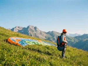 Paragliding student met oranje helm en harnas op een alpiene startplaats in Frankrijk, kleurrijke vleugel op het gras, bergtoppen op achtergrond.