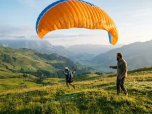 Student paraglider met oranje vleugel start van groene Alpenhelling, instructeur toekijkend, mistige vallei op de achtergrond in ochtendlicht.